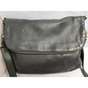 Distressed Black Leather Crossbody Messenger Bag Adjustable Strap Gold Hardware